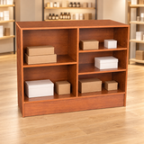 Cherry 48" Retail Wrap Counter back view with plain inventory boxes in a retail store