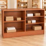Cherry 70" Retail Wrap Counter back view with plain inventory boxes in a retail store