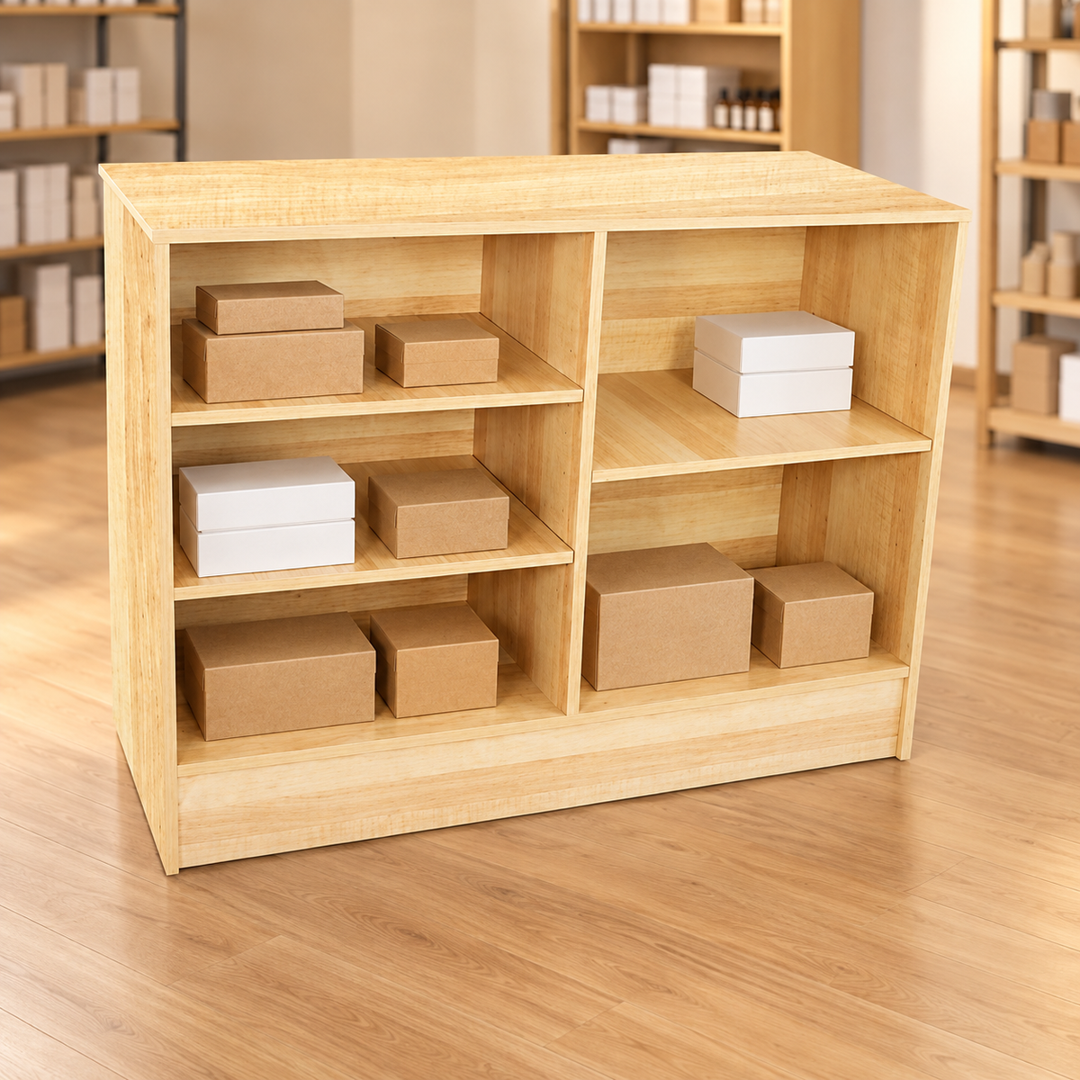 Maple 48" Retail Wrap Counter back view with plain inventory boxes in a retail store