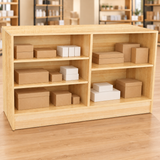 Maple 70" Retail Wrap Counter back view with plain inventory boxes in a retail store