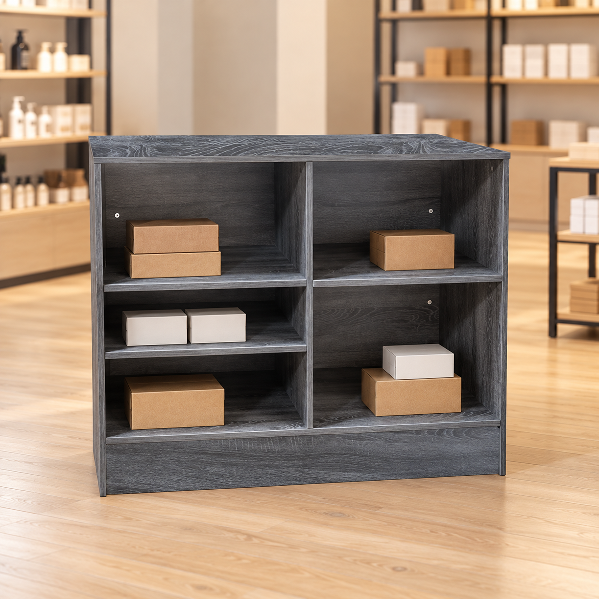 Rustic Gray 48" Retail Wrap Counter back view with plain inventory boxes in a retail store