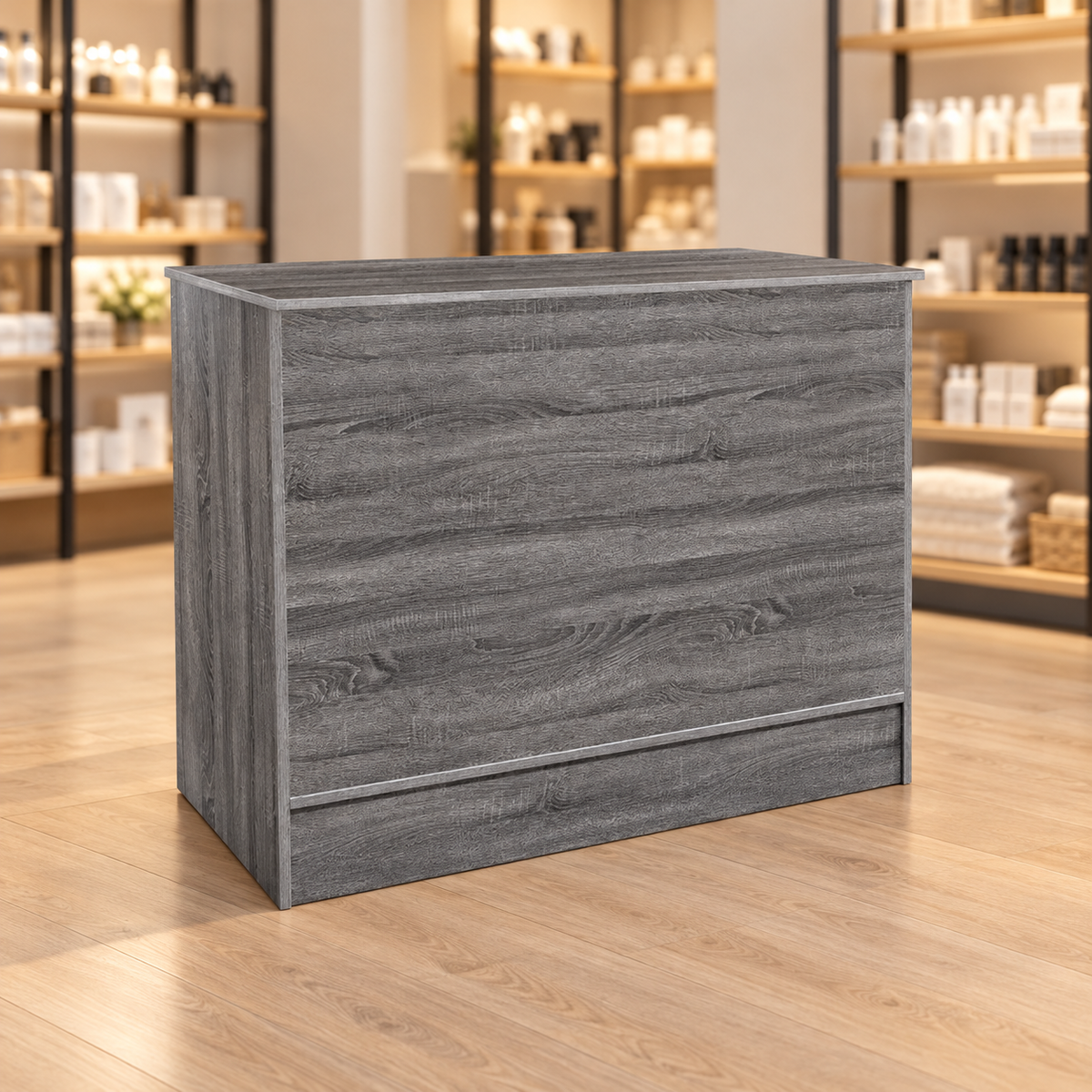 Rustic Gray 48" Retail Wrap Counter front view in a retail store