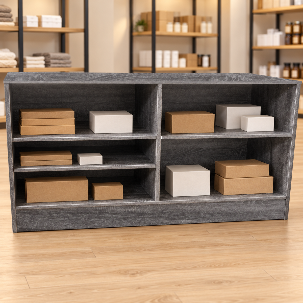 Rustic Gray 70" Retail Wrap Counter back view with plain inventory boxes in a retail store