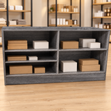 Rustic Gray 70" Retail Wrap Counter back view with plain inventory boxes in a retail store
