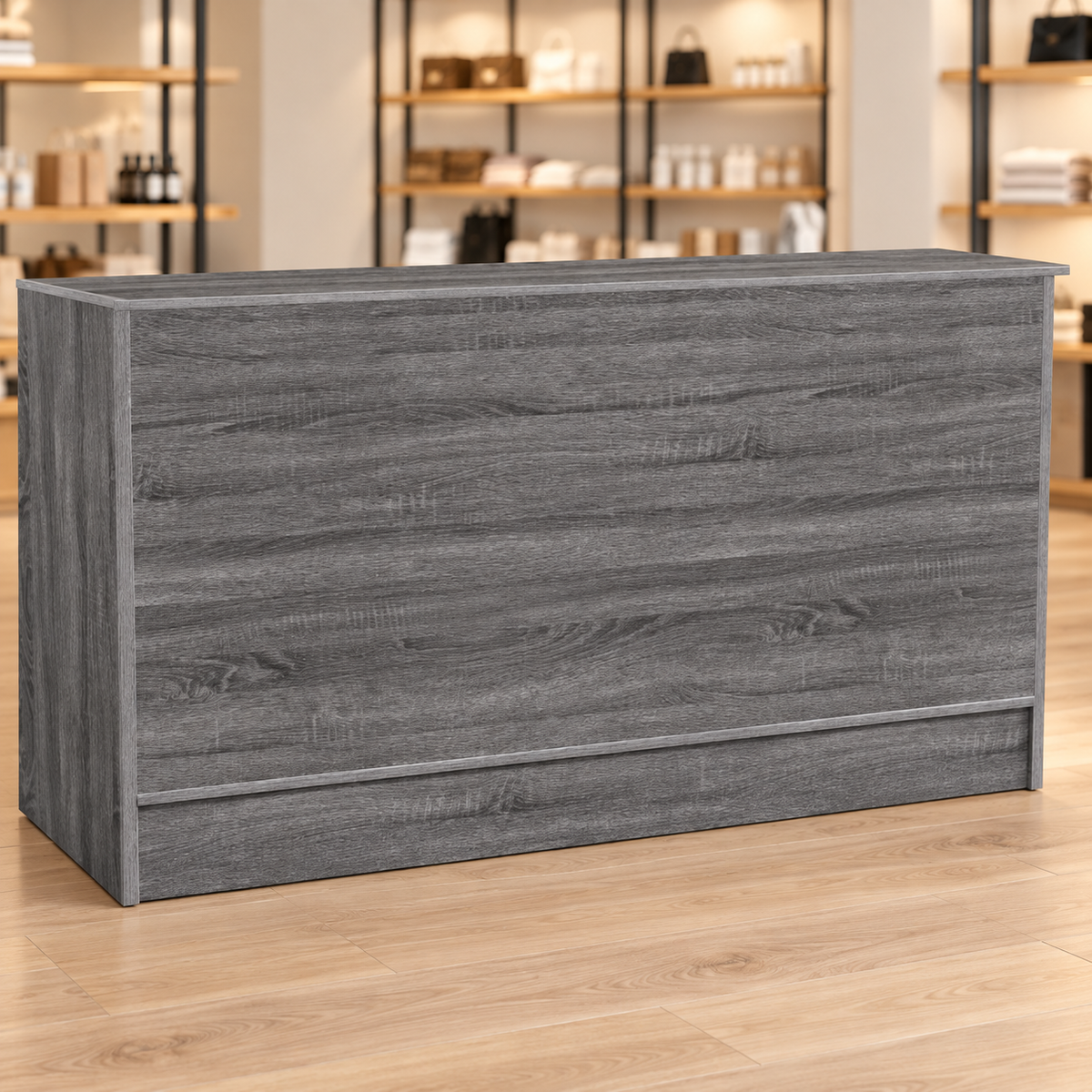 Rustic Gray 70" Retail Wrap Counter front view in a retail store