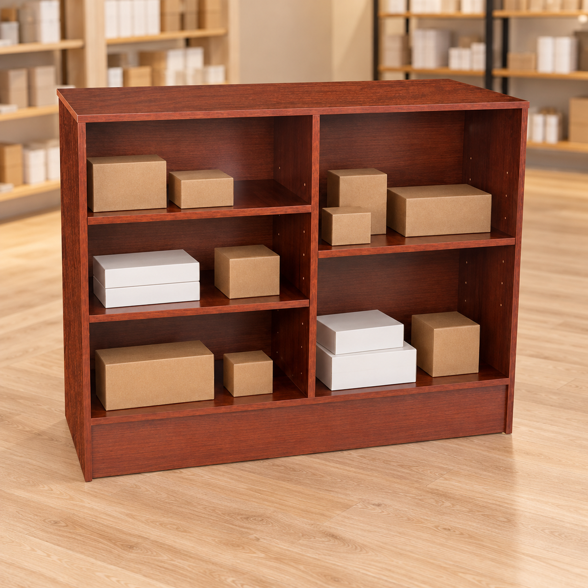 Walnut 48" Retail Wrap Counter back view with plain inventory boxes in a retail store