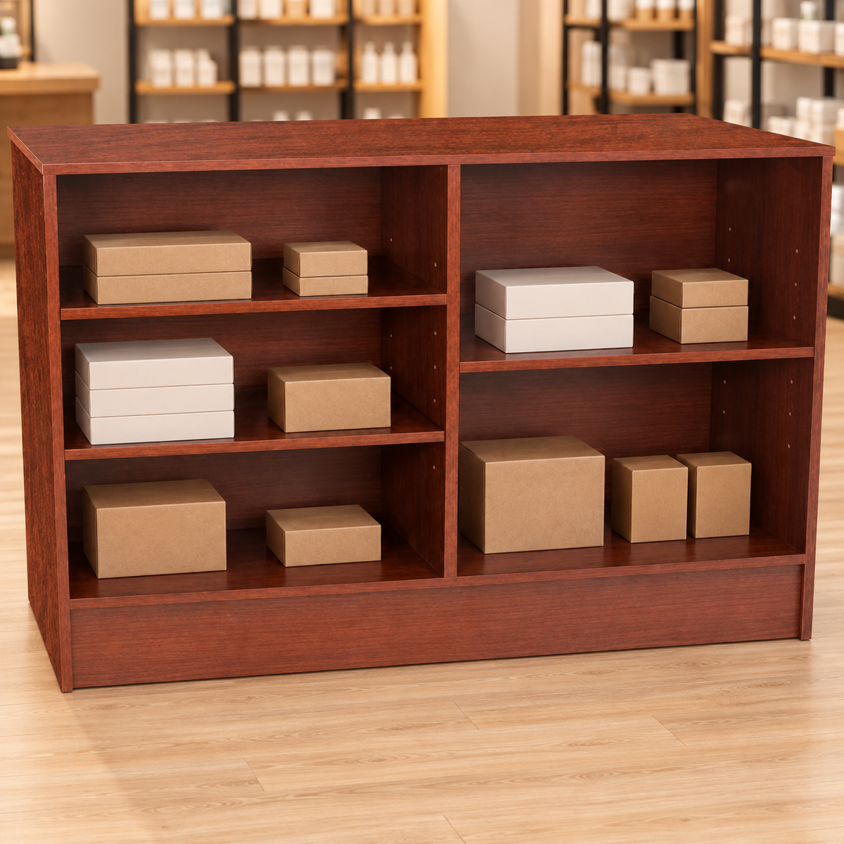 Walnut 70" Retail Wrap Counter back view with plain inventory boxes in a retail store