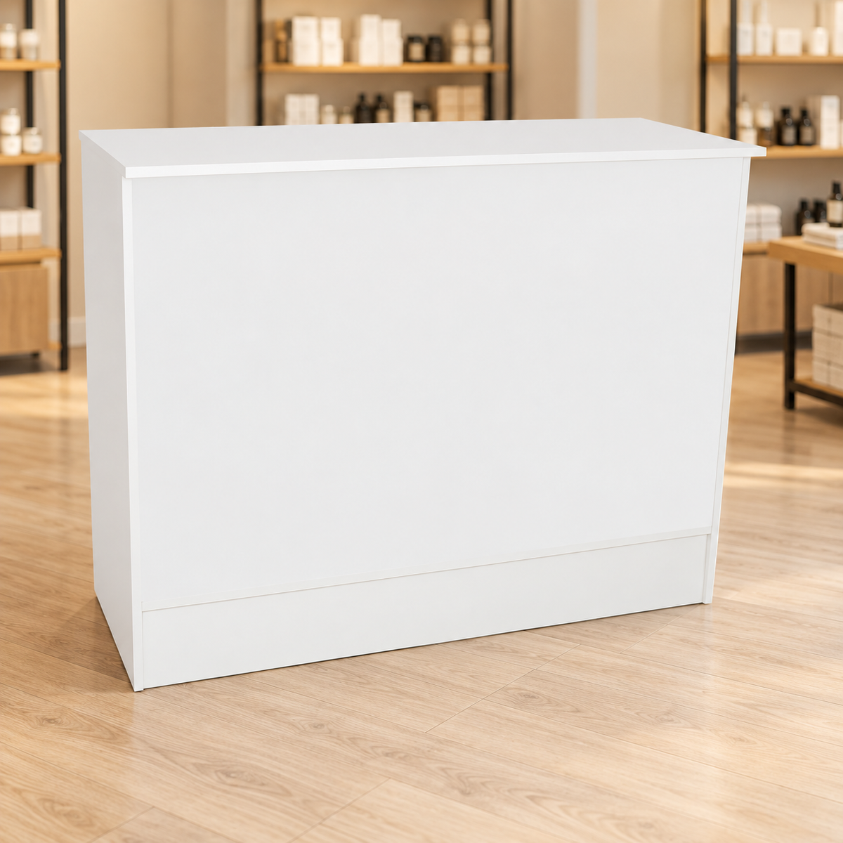 White 48" Retail Wrap Counter front view in a retail store