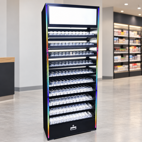 Metal Tobacco Display with Acrylic Pushers, Sign Box and RGB Lights in a simple store setting