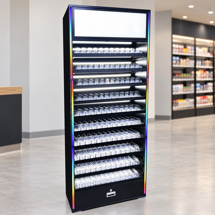 Metal Tobacco Display with Acrylic Pushers, Sign Box and RGB Lights in a simple store setting