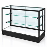 4 ft black aluminum frame Extra Vision retail showcase - angled view