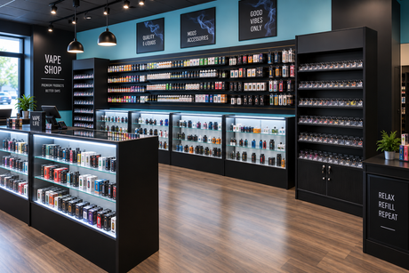 Smoke and vape shop with glass display showcases and wall fixtures