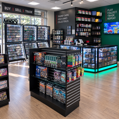 Trading card and video game store featuring retail display fixtures