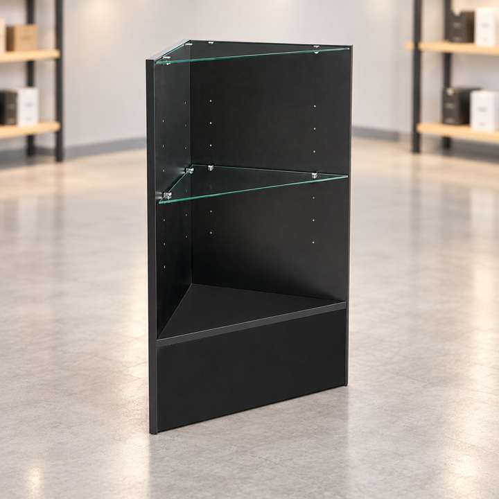 Black triangular retail corner case in a simple retail store