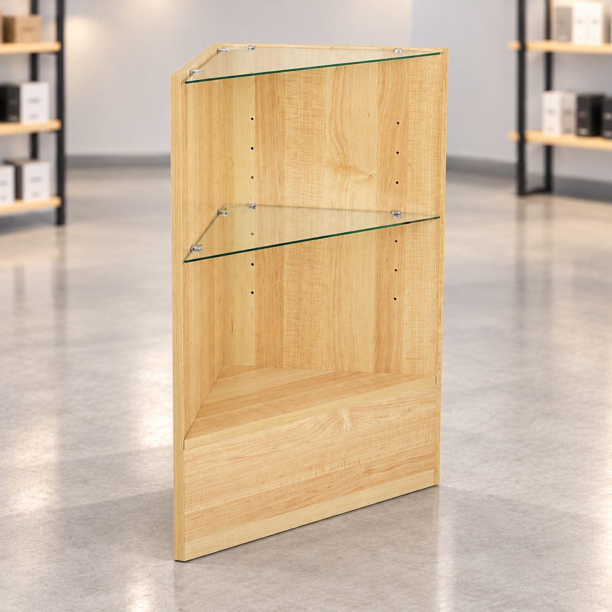 Maple triangular retail corner case in a simple retail store