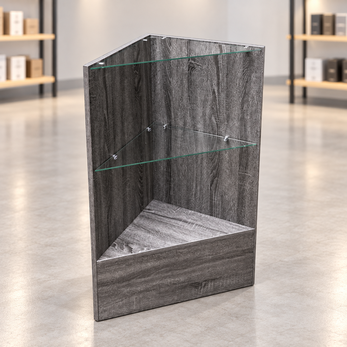 Rustic Gray triangular retail corner case in a simple retail store
