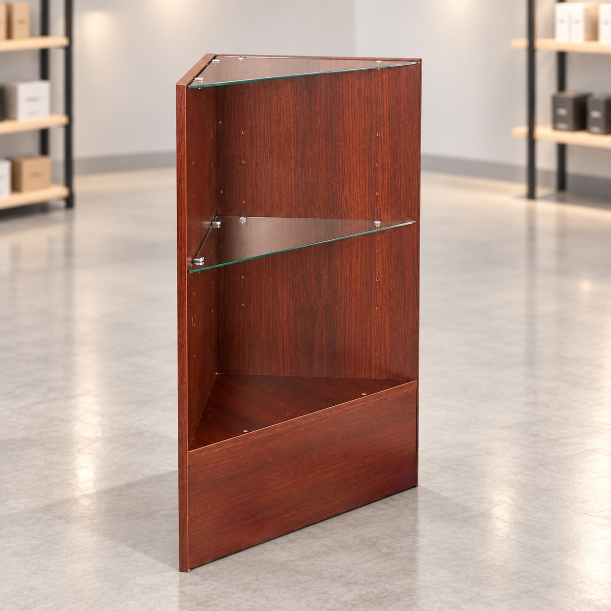 Walnut triangular retail corner case in a simple retail store