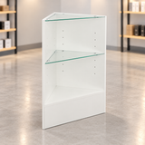 White triangular retail corner case in a simple retail store