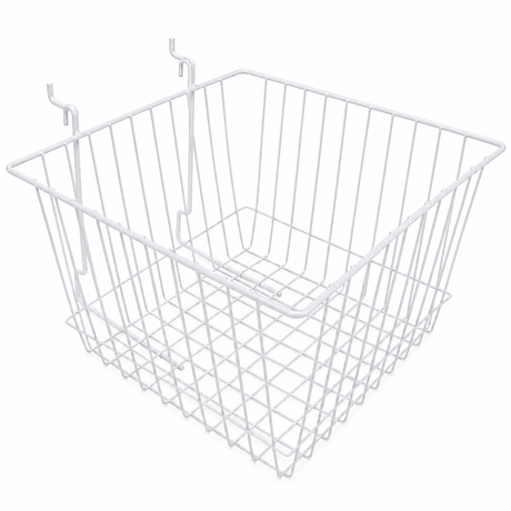 Glossy white epoxy coated 12" x 12" x 8" gridwall slatwall basket